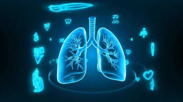 Glowing blue lungs with trachea and bronchi, surrounded by health icons on World Pneumonia Day, against a dark background with a neon effect.