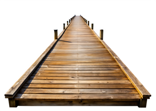 Wooden pier extending into the distance isolated on white background