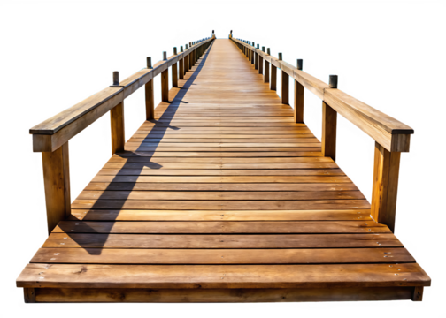 Wooden pier extending into the distance isolated on white background