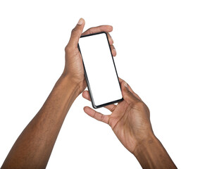 Mobile phone held in both hands at tilted angle showing app interface. Black skin male using digital