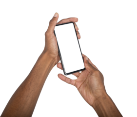 Mobile phone held in both hands at tilted angle showing app interface. Black skin male using digital