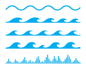 Blue Water Waves and Sound Frequency Lines: Sea, Ocean, and Audio Graphic Elements