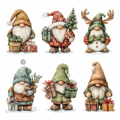 Cute festive gnomes celebrating winter holidays with gifts and decorations in a cheerful setting