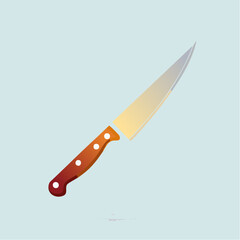 Illustration of a kitchen knife with a wooden handle on a light blue background