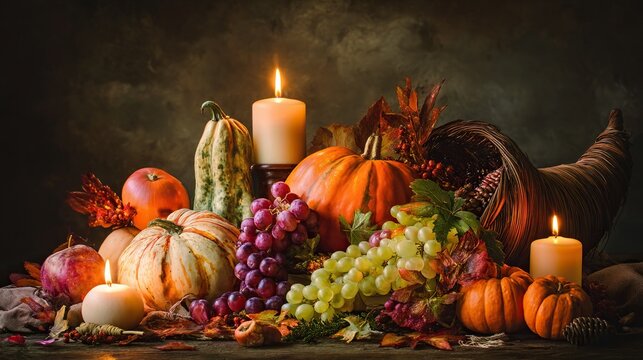 The empty cornucopia is surrounded by pumpkins, gourds, and grapes, with candles nearby. This scene symbolizes the abundance of the food bank's autumn harvest event.
