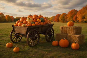 An antique wooden wagon overflowing with a large harvest of diverse orange and green pumpkins sitting in a sunny grassy field for thanksgiving day