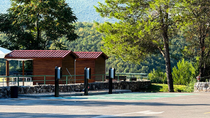 Idyllic nature parking with rustic cabins and charging stations, evoking Earth Day reflections and...