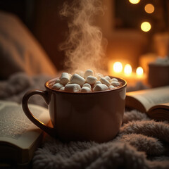 Comforting Hot Cocoa on Wooden Table in Softly Lit Room