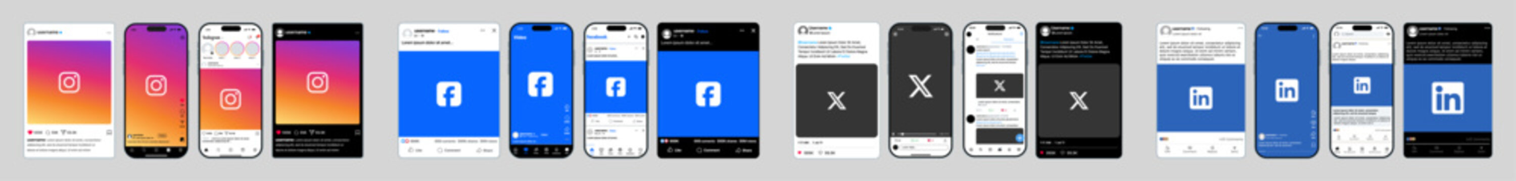 Instagram Facebook X Twitter LinkedIn carousel post mockup with feed layout, image and text slides, social media template for business and creative marketing vector illustration