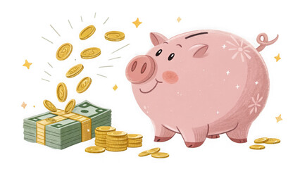 Pink piggy bank with money and coins isolated on transparent background