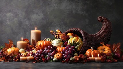 The empty cornucopia is surrounded by pumpkins, gourds, and grapes, with candles nearby. This scene symbolizes the abundance of the food bank's autumn harvest event.