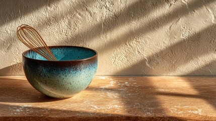 Sunlit Turquoise Ceramic Bowl With Woven Spoon On Rustic Wooden