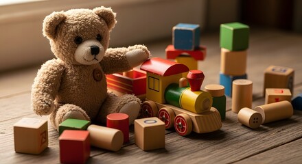 Soft teddy bear and colorful wooden blocks create a charming childhood play scene