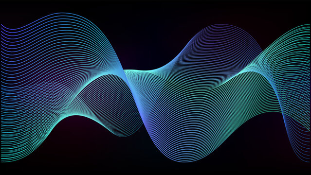Abstract s pattern aurora in dark cosmos. Soundwave frequency spectrum gradation. Line electric connect of network or siri voice fractal fade. Digital ai beat flow wave