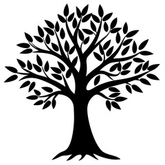 Fototapeta premium Stylized black tree silhouette with lush leaves and strong roots