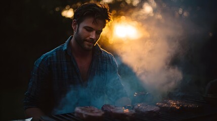 Obraz premium A man grilling steaks outdoors during a golden sunset