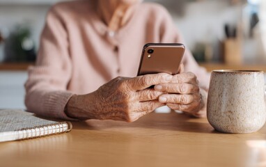 Hands of an elderly person using a smartphone for a video call at a cozy kitchen table
