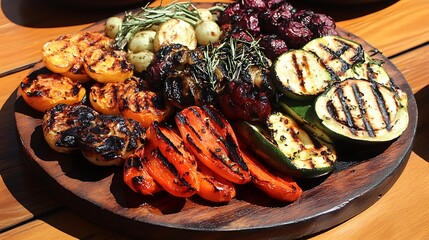 A wooden platter of grilled vegetables and fruits, including zucchini, carrots, tomatoes, onions, and berries, perfect for a healthy and tasty meal