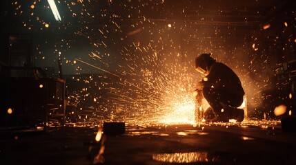 A welder's bright arc illuminates the dark factory like a falling star on a winter night