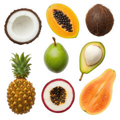 Assortment of fresh tropical fruits isolated on transparent background