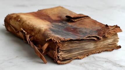 Antique old leather book and vintage rose on white isolated background