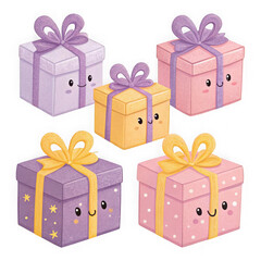 Cute cartoon gift boxes with faces isolated on transparent background