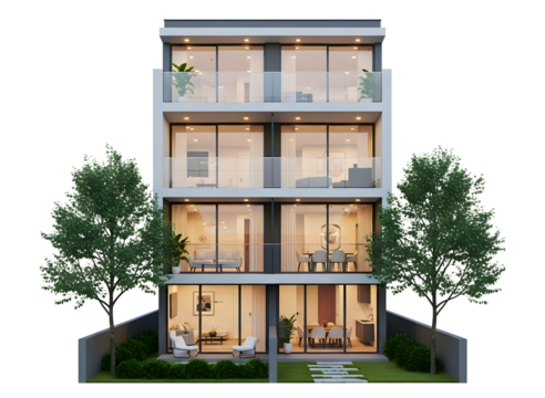 Modern four story townhouse building with large windows isolated on transparent background