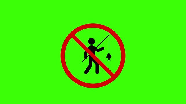 a flat-style vector icon of a black person with a fishing rod inside a red prohibition circle and slash, no background, using only black and red colors.