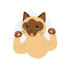a siamese cat with big eyes and happy face with paws up and tongue out. kawaii animal art