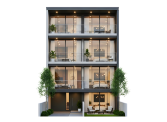 Modern four story townhouse building with large windows isolated on transparent background