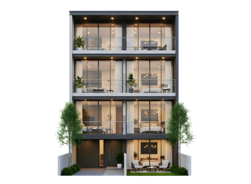 Modern four story townhouse building with large windows isolated on transparent background