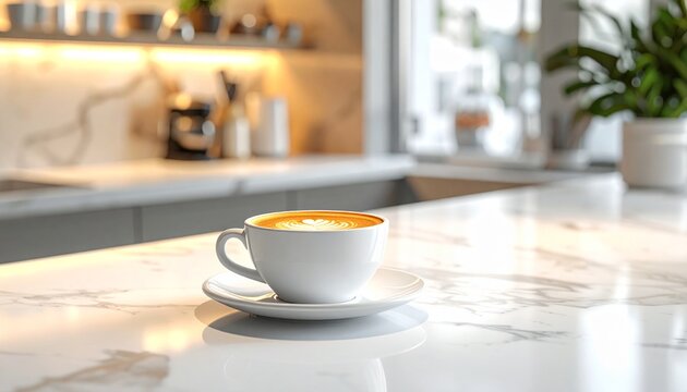 A close-up shot of a hot coffee cup with foam art, placed on a marble countertop in a bright kitchen