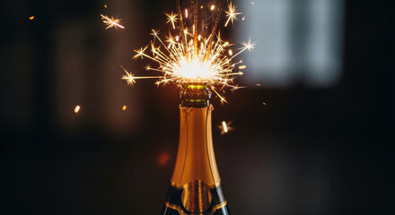 Sparkler Ignites On Champagne Bottle Neck Emitting Golden Sparks And Light In Dark Background
