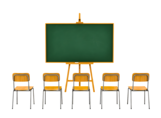 Empty classroom chairs in front of a blackboard isolated on transparent background