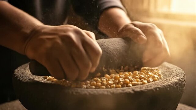 hands grind corn on traditional stone metate in warm golden light. authentic indigenous food preparation. native american heritage month.