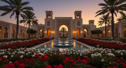 Courtyard with Fountain and Roses at Sunset