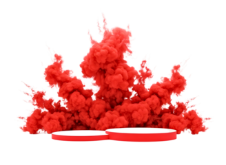 Abstract red ink cloud explosion with podiums isolated on transparent background