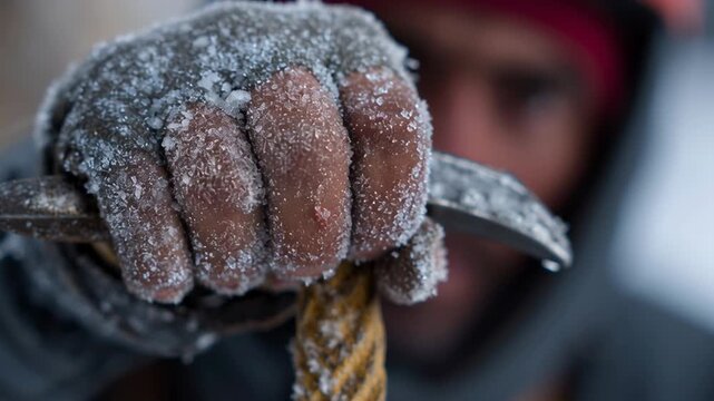 A climber's gloved hand tightly grips an ice axe, covered in frost on a frigid mountain.