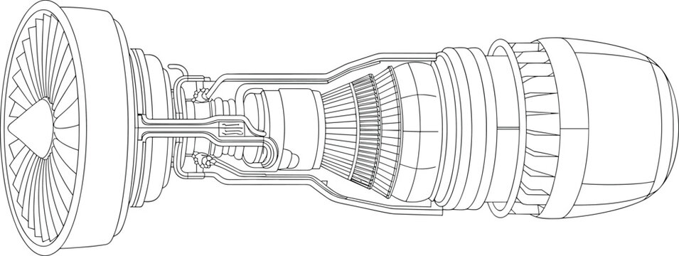 Jet engine cross-section, turbofan structure, vector illustration, CAD drawing, flat style, compressor, turbine, combustion chamber, nozzle, fan