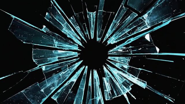 Dynamic shattering glass effect with fractured shards and splinters on black background creates impactful visual for edgy designs and modern projects