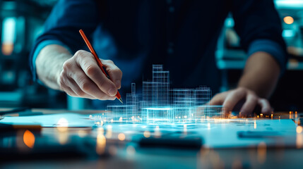 An architect brings architectural designs to life with 3D holographic construction models. Generative AI.