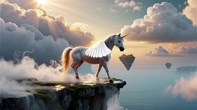 Majestic unicorn winged horse on cliff at sunrise with fantasy clouds and floating islands
