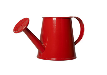 Red watering can with handle and nozzle. Small gardening item used for irrigation, spraying, or © valiantsin