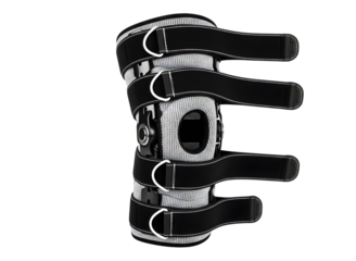 Orthopedic knee brace with adjustable straps isolated on transparent background