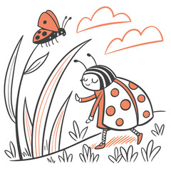 Charming hand-drawn vector illustration of a ladybug and butterfly in a meadow collection