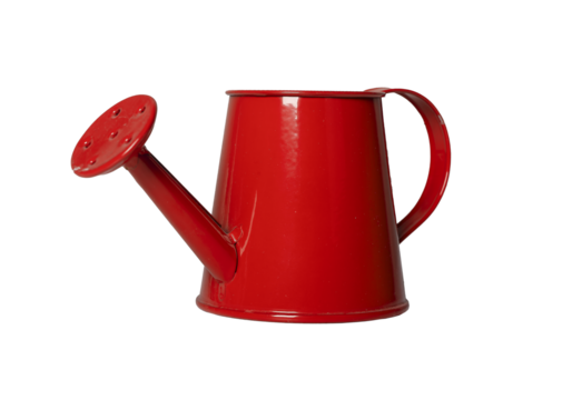Red watering can with handle and nozzle. Small gardening item used for irrigation, spraying, or