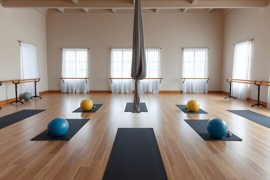 Generative AI yoga studio aerial silk practice area.