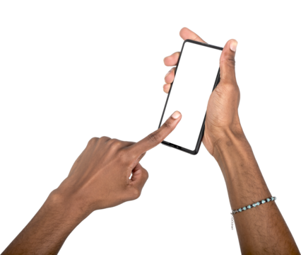 Smart phone held in hand with finger tapping touchscreen in action pose. Black skin male showing
