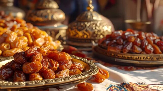 A Visual Feast: Dates and Decorative Elements in a Sunlit Culinary and Cultural Display