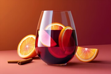 Transparent mug of mulled wine garnished with orange slices and spices, perfect for fall drink concepts with ample empty background.